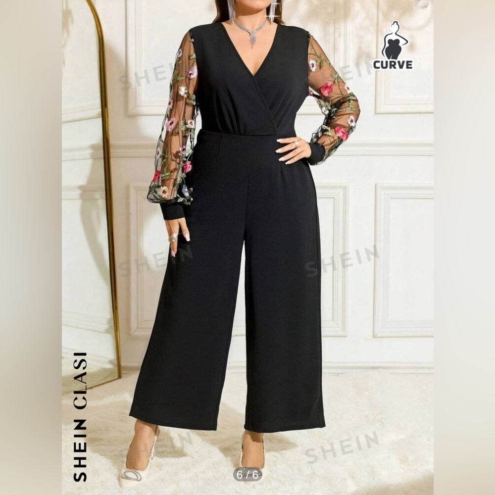 SHEIN Black Jumpsuit with Sheer Floral Sleeves